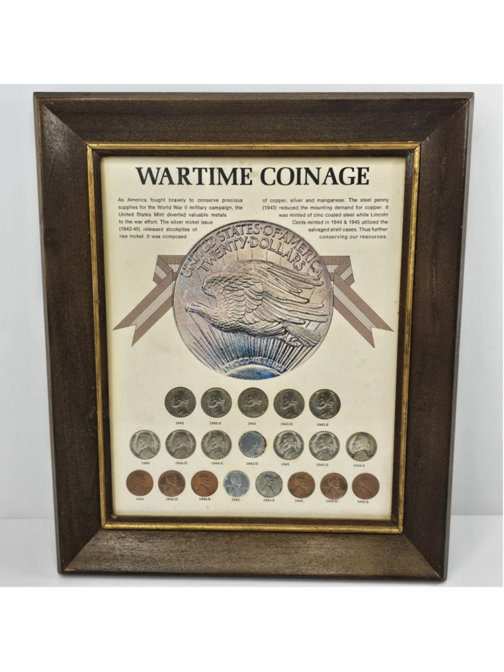 Framed WWII Wartime Coinage Display Jefferson War Nickels, Steel Wheat Pennies